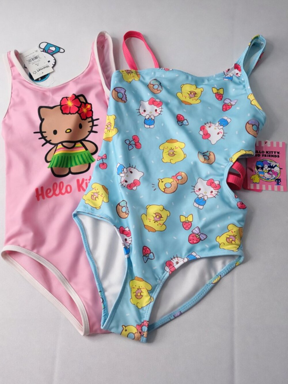 TWO Hello Kitty Girls One Piece Swimsuits Pink & Blue Sanrio NWT Set Size 7/8